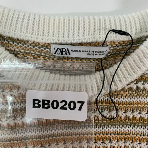 Zara SM Mens Striped Knit Short Sleeve Shirt Crew Neck Neutral Tones - Picture 4 of 11